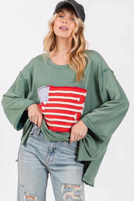 SAGE + FIG Full Size American Flag Patch Drop Shoulder T-Shirt - S. M. & Co.