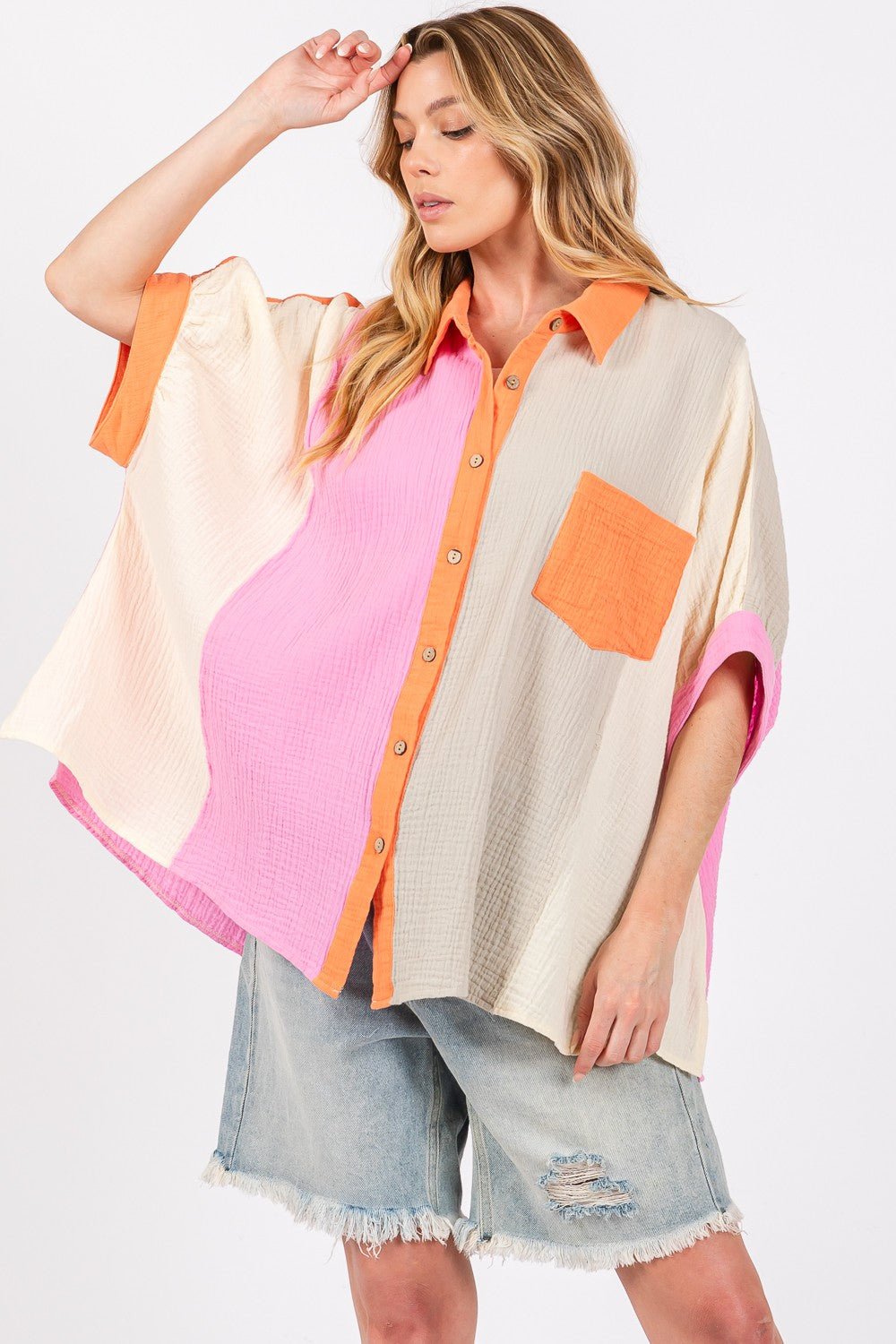 SAGE + FIG Full Size Color Block Button - Down Shirt - S. M. & Co.