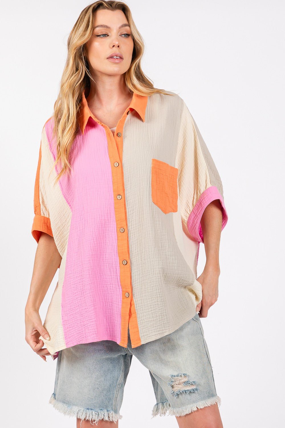 SAGE + FIG Full Size Color Block Button - Down Shirt - S. M. & Co.