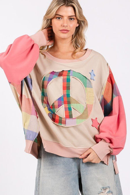 SAGE + FIG Full Size Contrast Peace Patch Dropped Shoulder Sweatshirt - S. M. & Co.