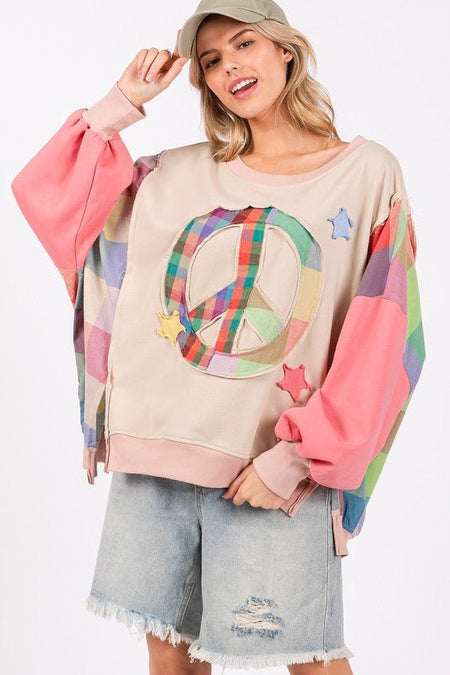 SAGE + FIG Full Size Contrast Peace Patch Dropped Shoulder Sweatshirt - S. M. & Co.