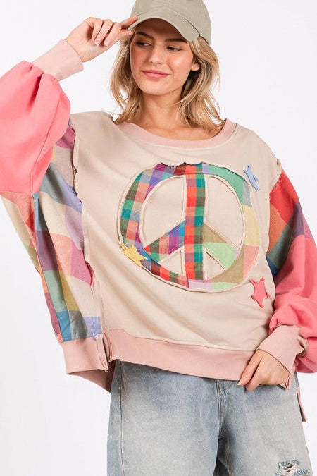 SAGE + FIG Full Size Contrast Peace Patch Dropped Shoulder Sweatshirt - S. M. & Co.