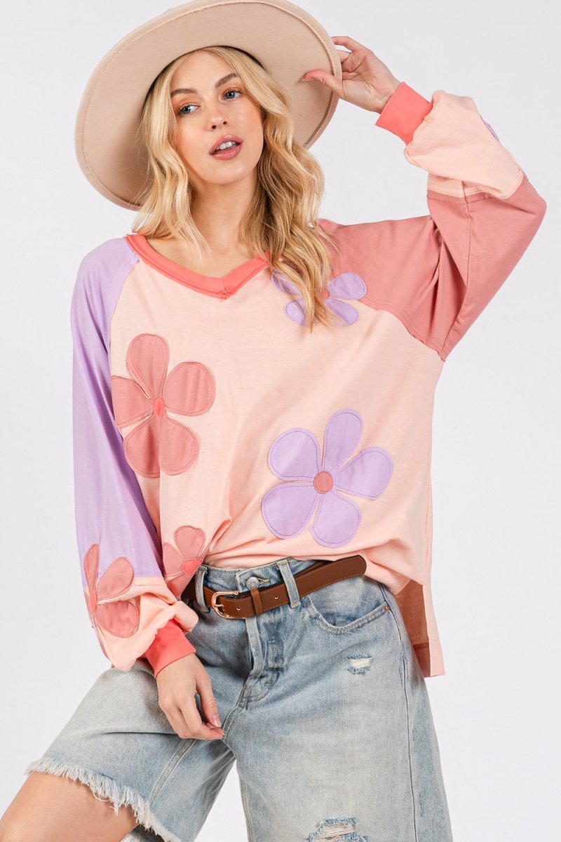 SAGE + FIG Full Size Daisy Applique Patch Color Block Long Sleeve Top - S. M. & Co.