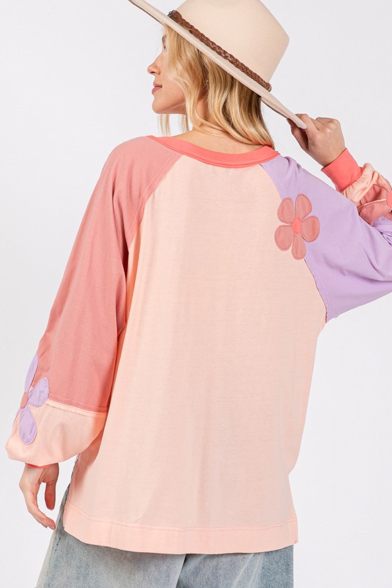 SAGE + FIG Full Size Daisy Applique Patch Color Block Long Sleeve Top - S. M. & Co.