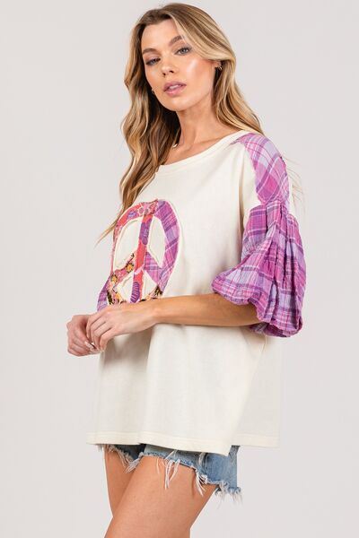 SAGE + FIG Full Size Peace Applique Patch with Plaid Contrast Top - S. M. & Co.