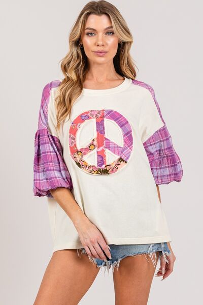 SAGE + FIG Full Size Peace Applique Patch with Plaid Contrast Top - S. M. & Co.