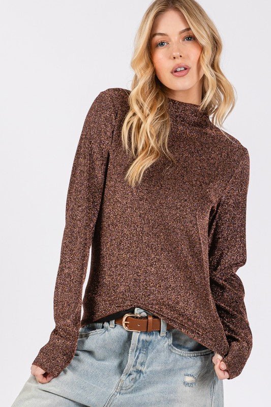 SAGE + FIG Glitter Mock Neck Lettuce Hem Long Sleeve Top - S. M. & Co.