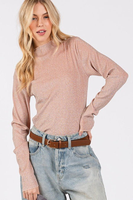 SAGE + FIG Glitter Mock Neck Lettuce Hem Long Sleeve Top - S. M. & Co.