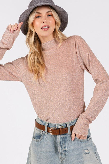 SAGE + FIG Glitter Mock Neck Lettuce Hem Long Sleeve Top - S. M. & Co.