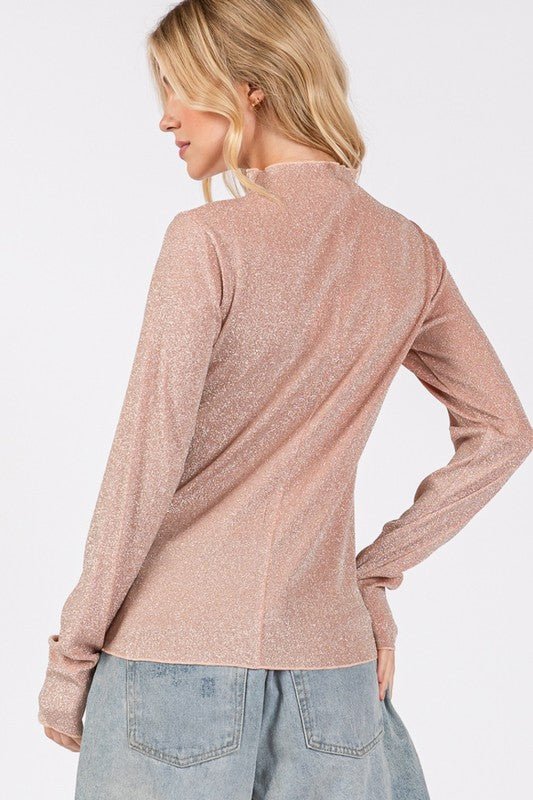 SAGE + FIG Glitter Mock Neck Lettuce Hem Long Sleeve Top - S. M. & Co.