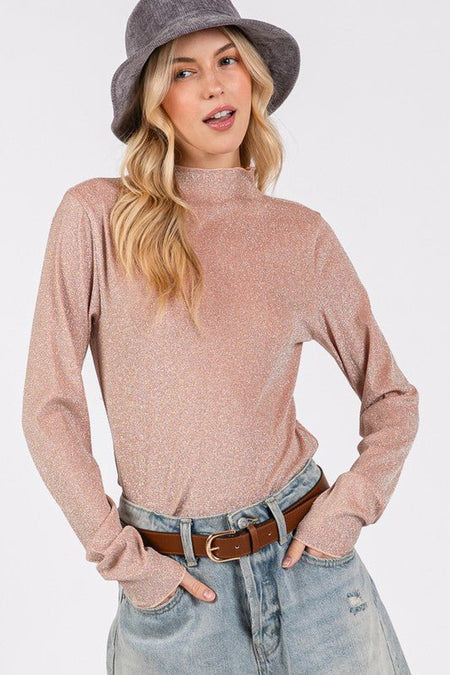 SAGE + FIG Glitter Mock Neck Lettuce Hem Long Sleeve Top - S. M. & Co.