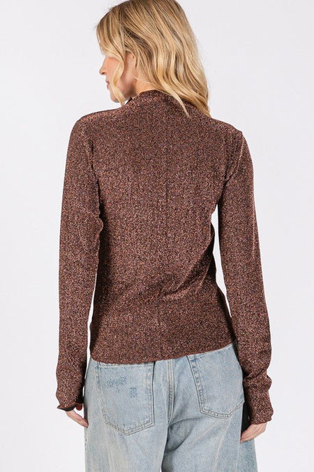 SAGE + FIG Glitter Mock Neck Lettuce Hem Long Sleeve Top - S. M. & Co.