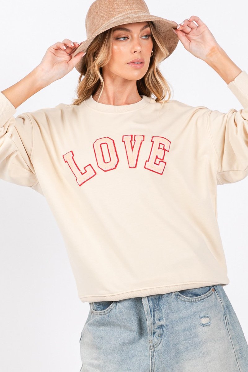 SAGE + FIG LOVE Path Applique Drop Shoulder Sweatshirt - S. M. & Co.