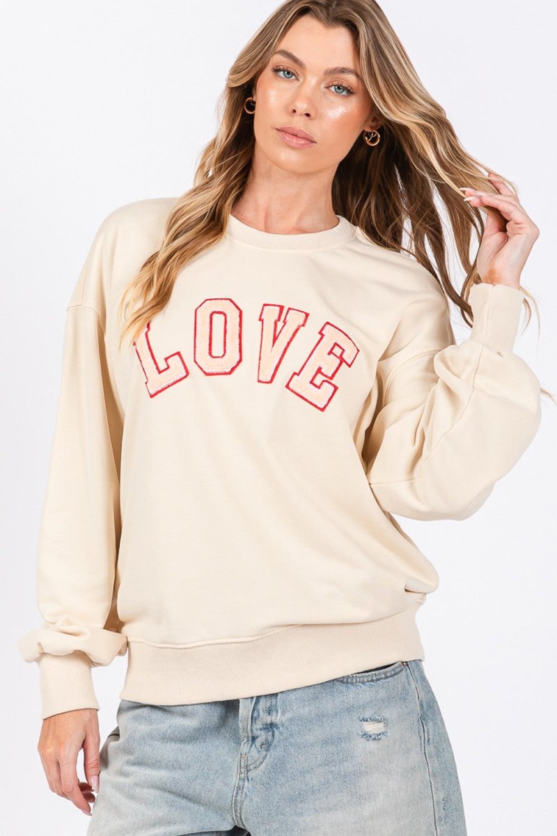 SAGE + FIG LOVE Path Applique Drop Shoulder Sweatshirt - S. M. & Co.