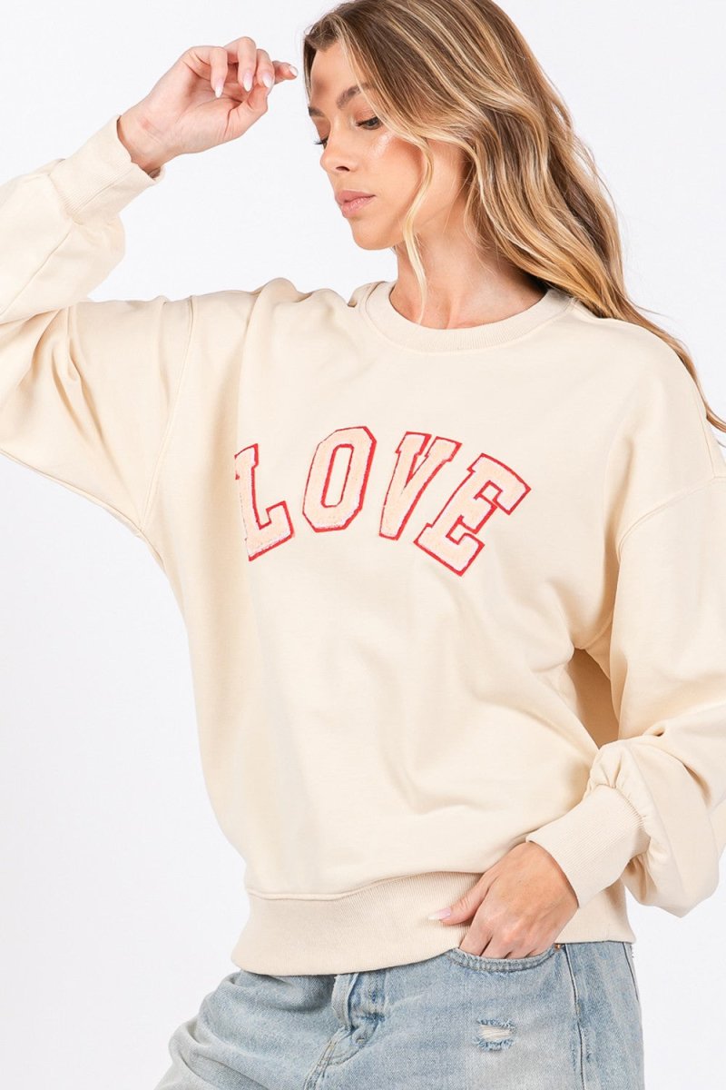 SAGE + FIG LOVE Path Applique Drop Shoulder Sweatshirt - S. M. & Co.