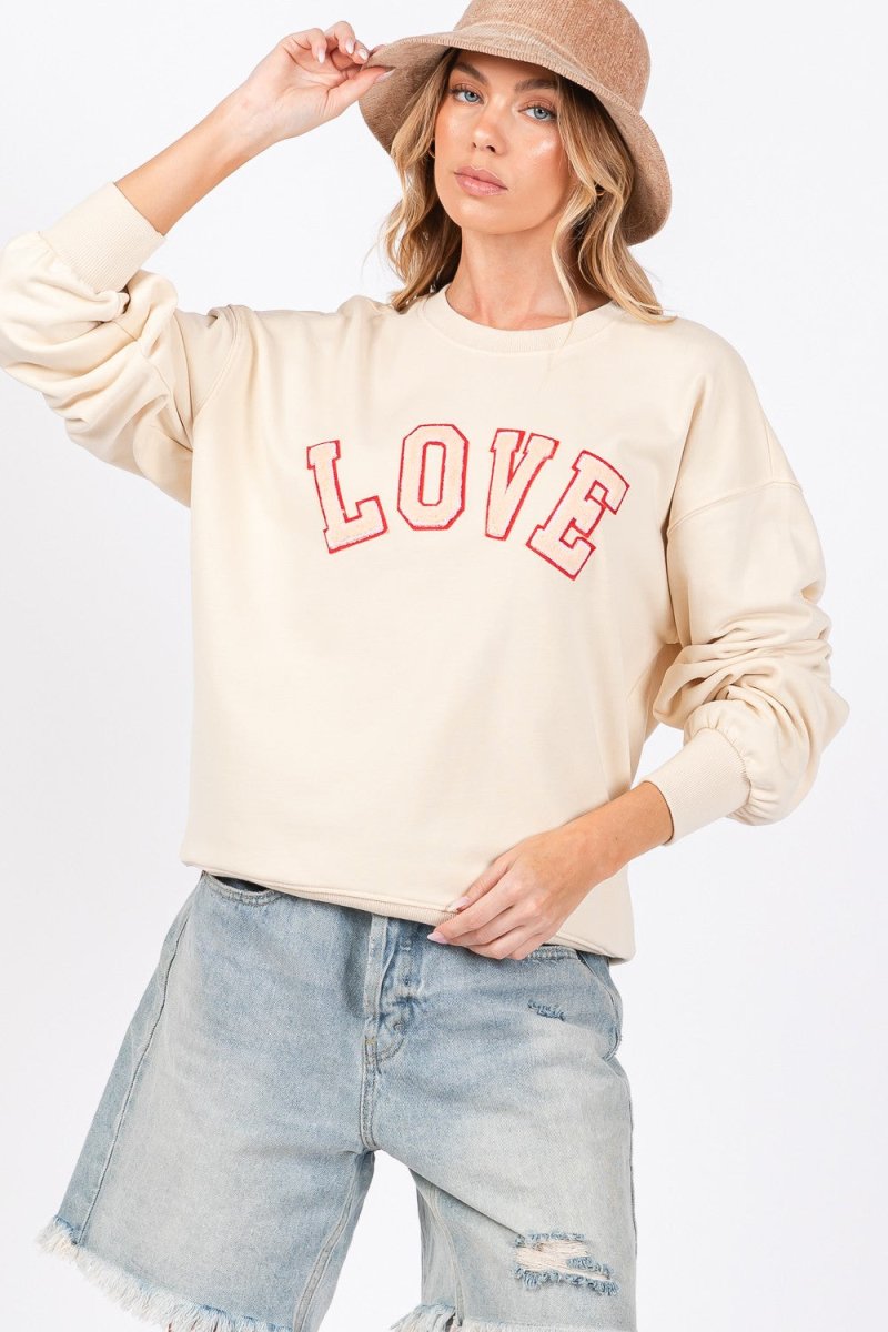 SAGE + FIG LOVE Path Applique Drop Shoulder Sweatshirt - S. M. & Co.