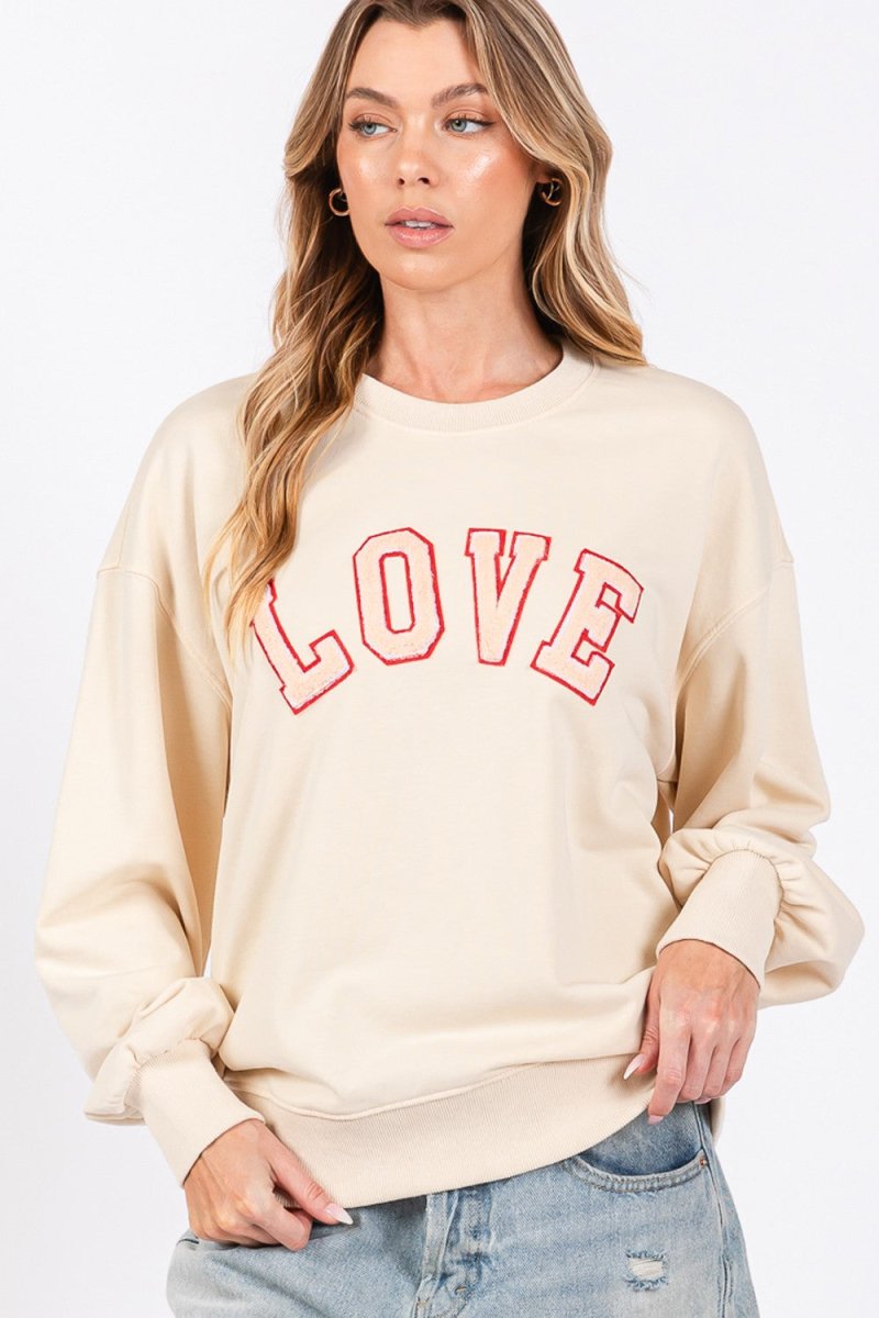 SAGE + FIG LOVE Path Applique Drop Shoulder Sweatshirt - S. M. & Co.