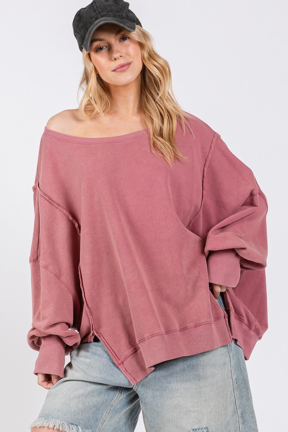 SAGE + FIG Mineral Wash Side Slit Oversized Sweatshirt - S. M. & Co.