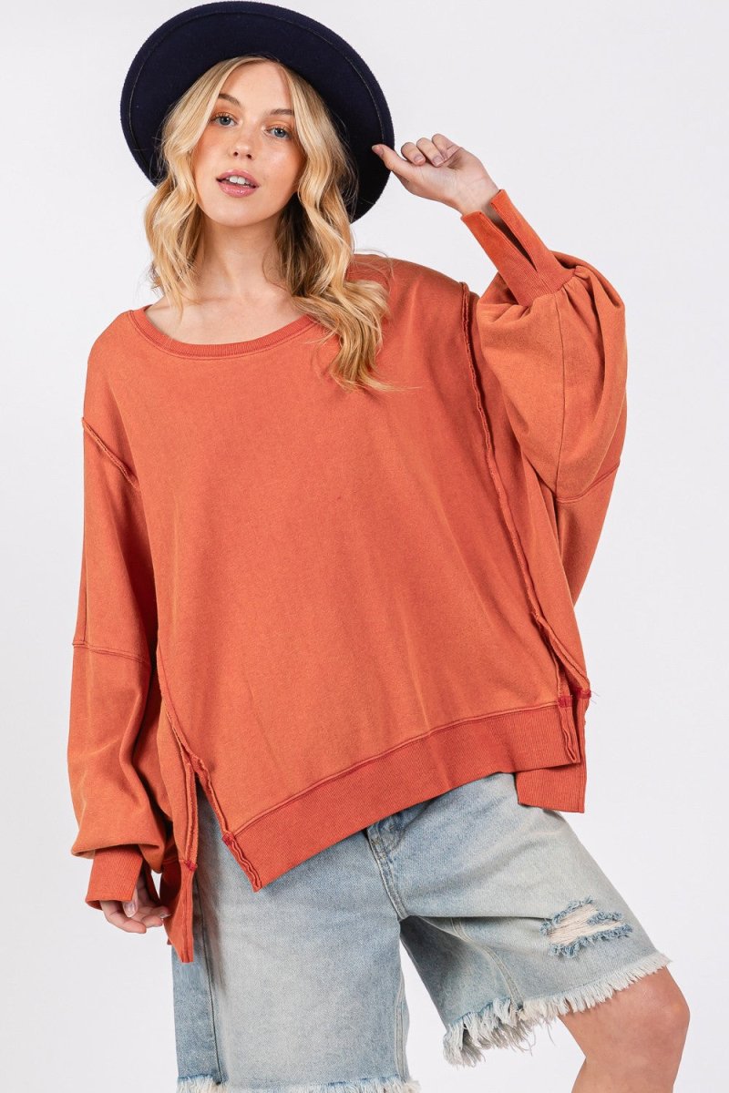 SAGE + FIG Mineral Wash Side Slit Oversized Sweatshirt - S. M. & Co.