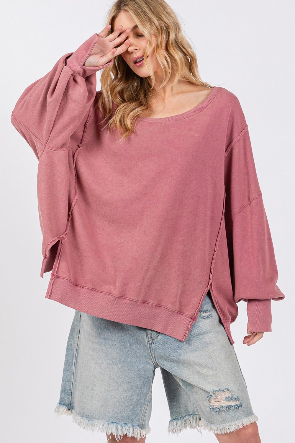 SAGE + FIG Mineral Wash Side Slit Oversized Sweatshirt - S. M. & Co.