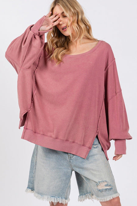 SAGE + FIG Mineral Wash Side Slit Oversized Sweatshirt - S. M. & Co.