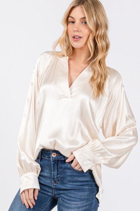 SAGE + FIG Notched Long Sleeve Blouse - S. M. & Co.