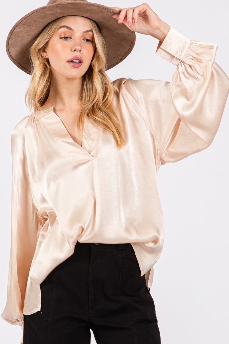 SAGE + FIG Notched Long Sleeve Blouse - S. M. & Co.