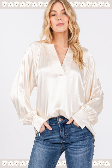 SAGE + FIG Notched Long Sleeve Blouse - S. M. & Co.