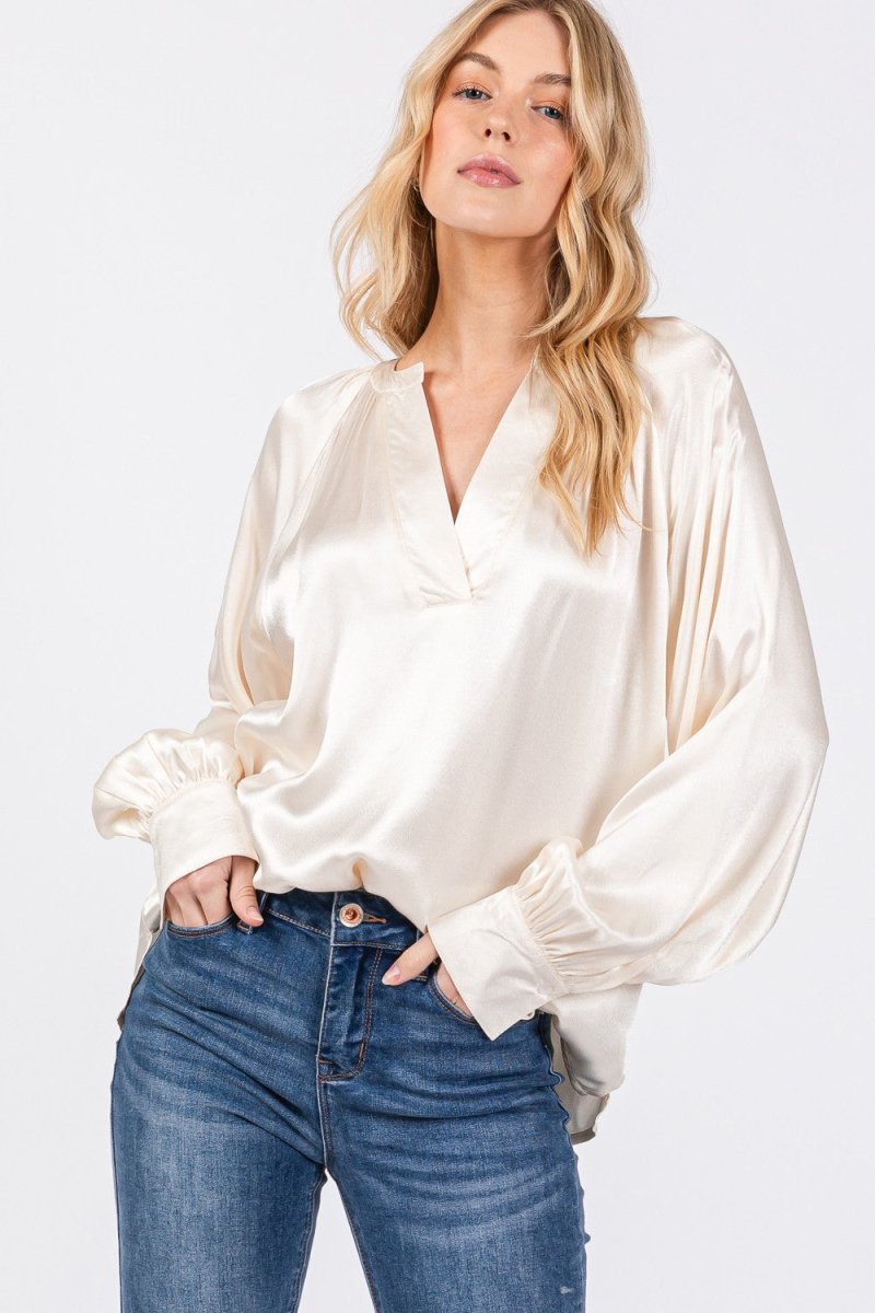 SAGE + FIG Notched Long Sleeve Blouse - S. M. & Co.