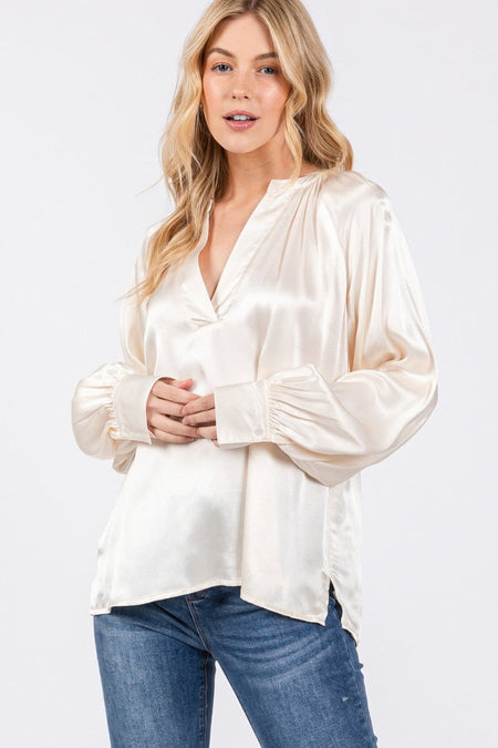 SAGE + FIG Notched Long Sleeve Blouse - S. M. & Co.