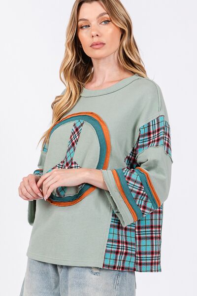 SAGE + FIG Peace Applique Patch Contrast Plaid Top - S. M. & Co.