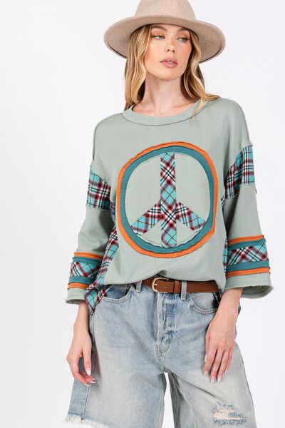 SAGE + FIG Peace Applique Patch Contrast Plaid Top - S. M. & Co.