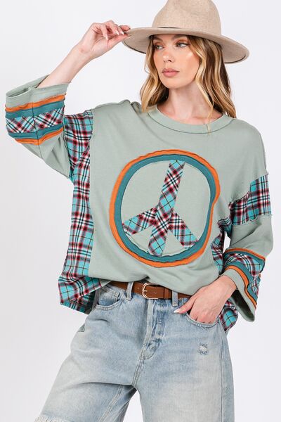 SAGE + FIG Peace Applique Patch Contrast Plaid Top - S. M. & Co.