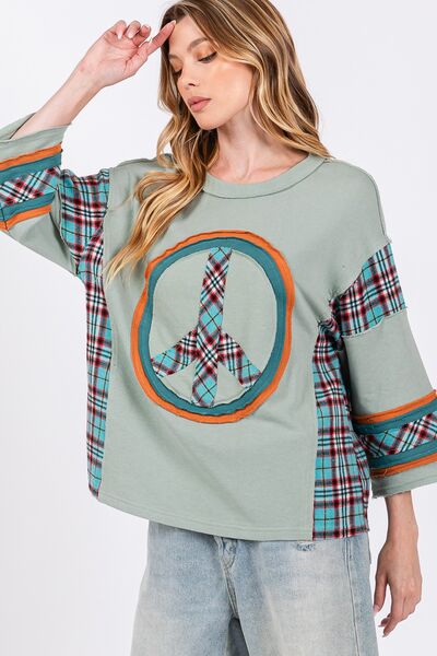 SAGE + FIG Peace Applique Patch Contrast Plaid Top - S. M. & Co.