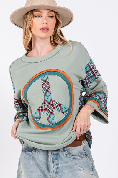 SAGE + FIG Peace Applique Patch Contrast Plaid Top - S. M. & Co.