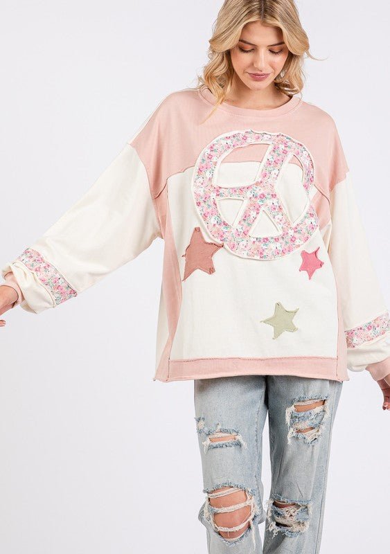 SAGE + FIG Peace & Star Patch Contrast Round Neck Sweatshirt - S. M. & Co.