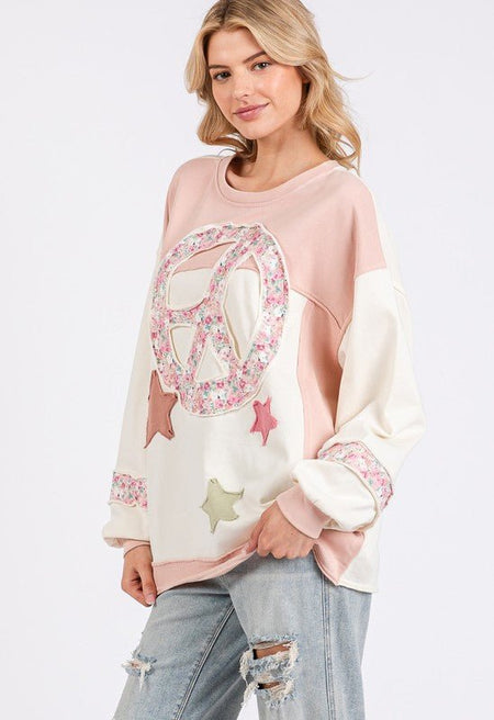 SAGE + FIG Peace & Star Patch Contrast Round Neck Sweatshirt - S. M. & Co.