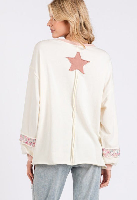 SAGE + FIG Peace & Star Patch Contrast Round Neck Sweatshirt - S. M. & Co.