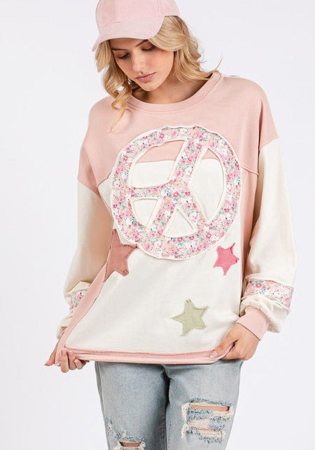 SAGE + FIG Peace & Star Patch Contrast Round Neck Sweatshirt - S. M. & Co.