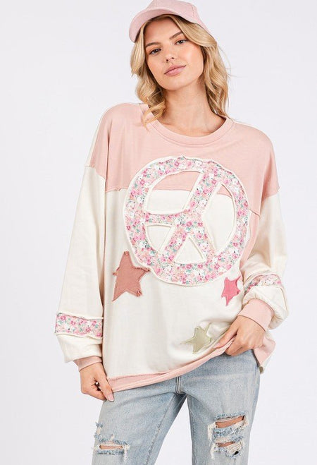 SAGE + FIG Peace & Star Patch Contrast Round Neck Sweatshirt - S. M. & Co.