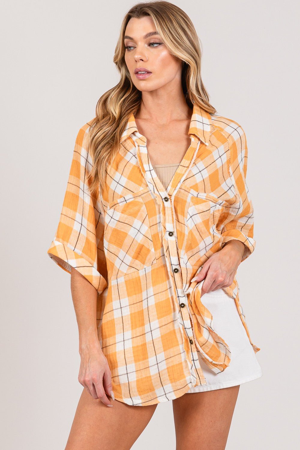 SAGE + FIG Plaid Button Up Side Slit Shirt - AnAs Market