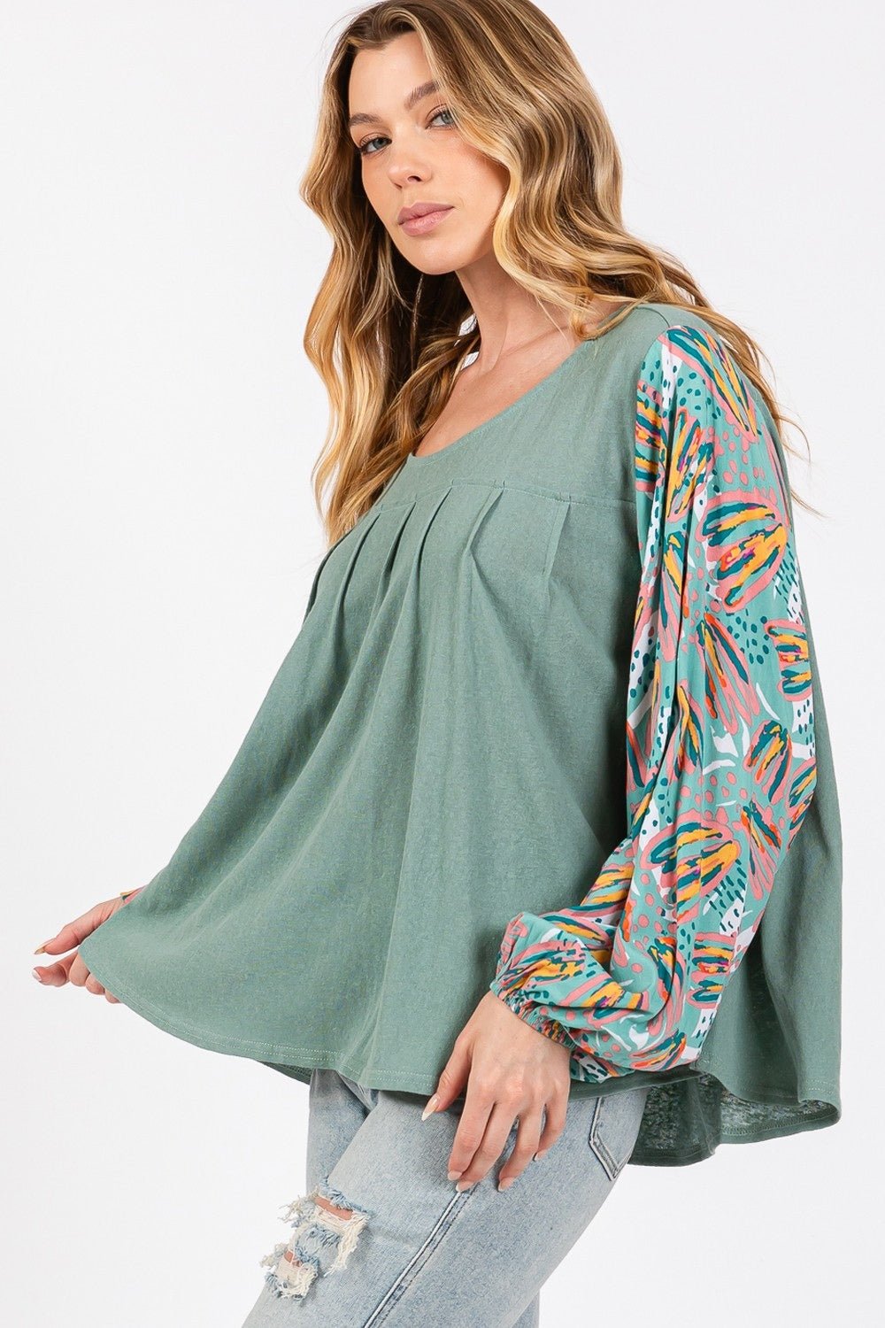 SAGE + FIG Ruched Round Neck Printed Bubble Sleeve Top - S. M. & Co.