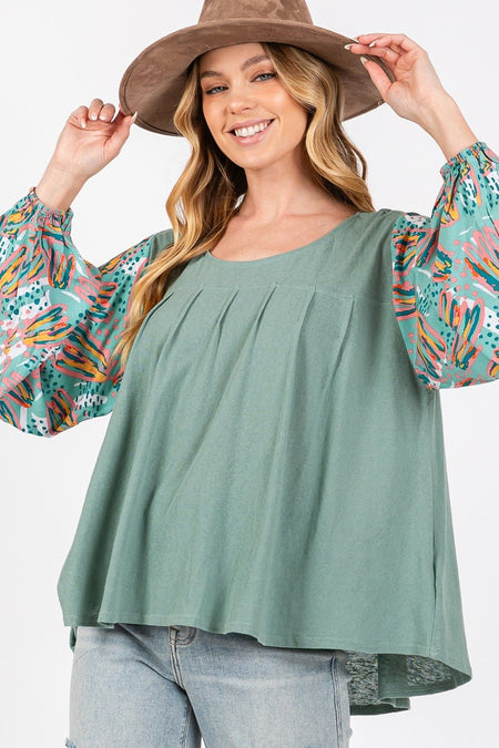 SAGE + FIG Ruched Round Neck Printed Bubble Sleeve Top - S. M. & Co.