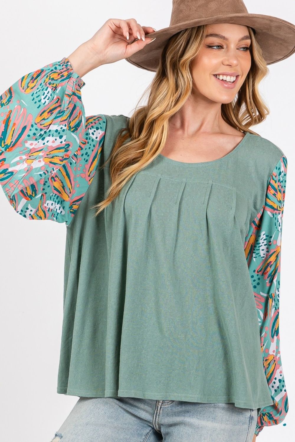 SAGE + FIG Ruched Round Neck Printed Bubble Sleeve Top - S. M. & Co.