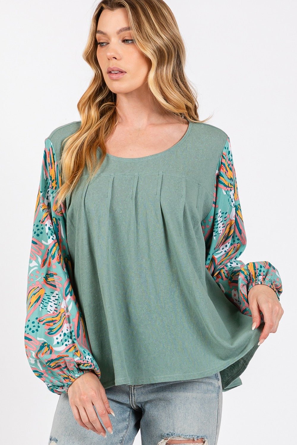 SAGE + FIG Ruched Round Neck Printed Bubble Sleeve Top - S. M. & Co.