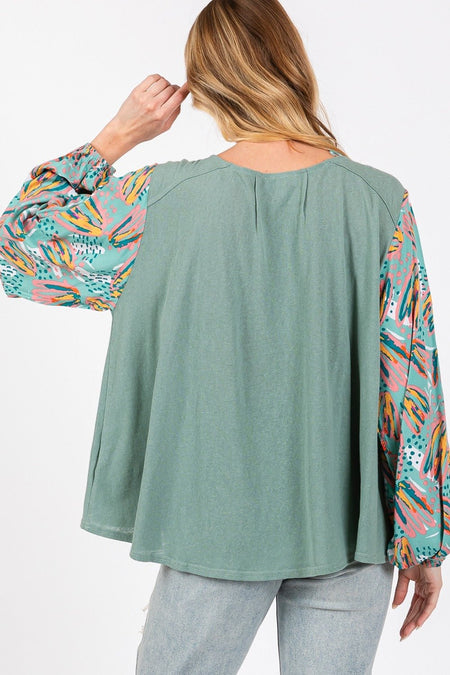 SAGE + FIG Ruched Round Neck Printed Bubble Sleeve Top - S. M. & Co.