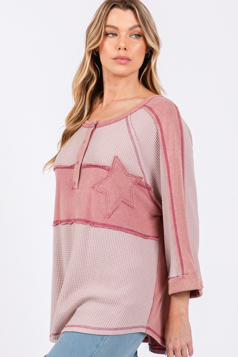 SAGE + FIG Star Applique Patch Exposed Seam Waffle Knit Top - S. M. & Co.