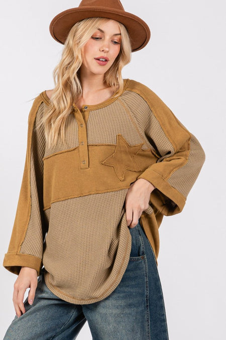 SAGE + FIG Star Applique Patch Exposed Seam Waffle Knit Top - S. M. & Co.