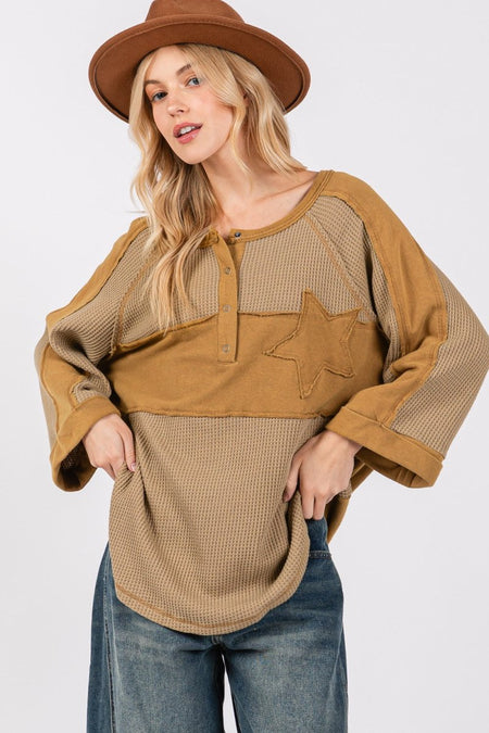 SAGE + FIG Star Applique Patch Exposed Seam Waffle Knit Top - S. M. & Co.