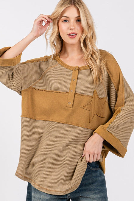 SAGE + FIG Star Applique Patch Exposed Seam Waffle Knit Top - S. M. & Co.